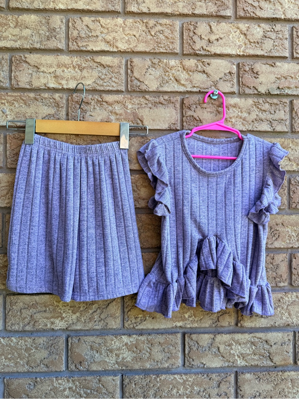 4/$25 • Girl’s Lilac Ribbed Knit Two-Piece Set - Ruffle Top + Shorts